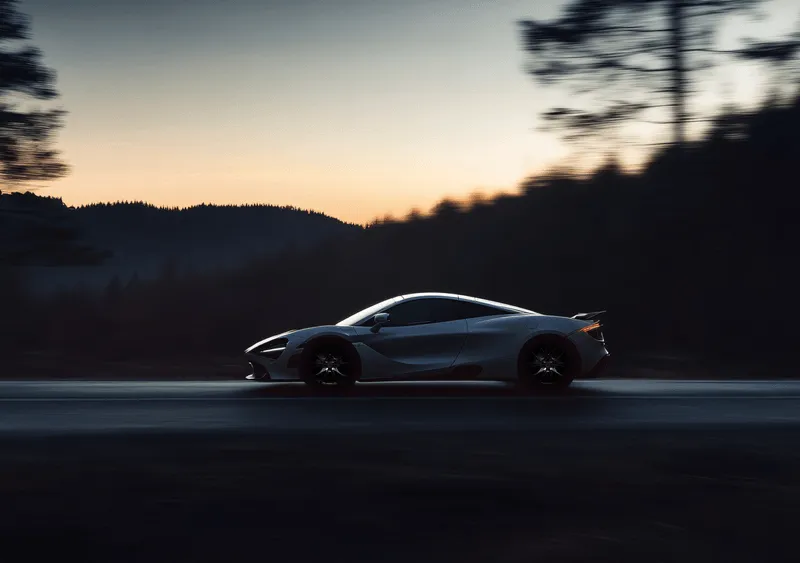 Silver sports car driving on a road at dusk with dark trees and hills in the background.