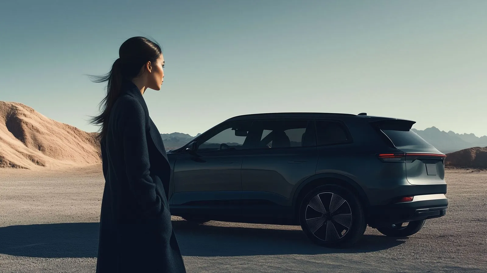Woman in a dark coat standing beside a sleek dark SUV on a desert plain with mountains in the background.