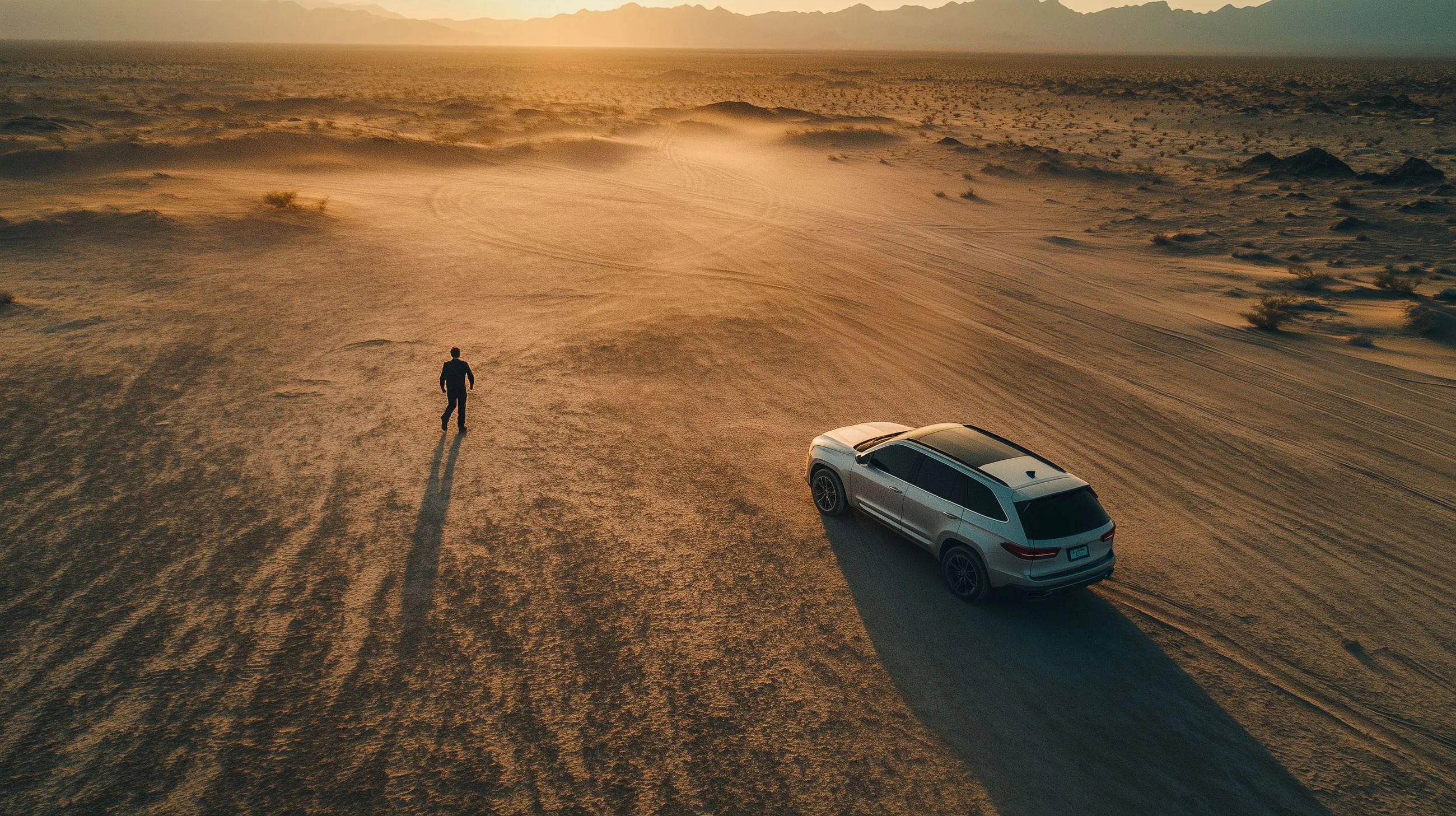 A person walking away from a parked white SUV in a vast desert landscape at sunset with mountains in the background.