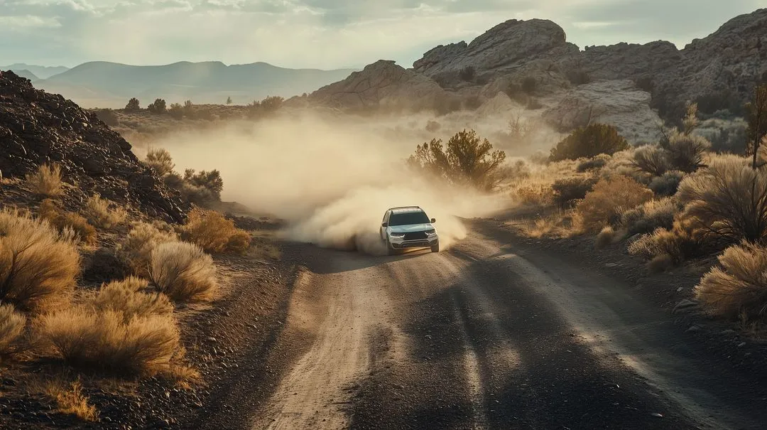 SUV driving on a dusty dirt road through a rocky desert landscape with shrubs and mountains in the background.