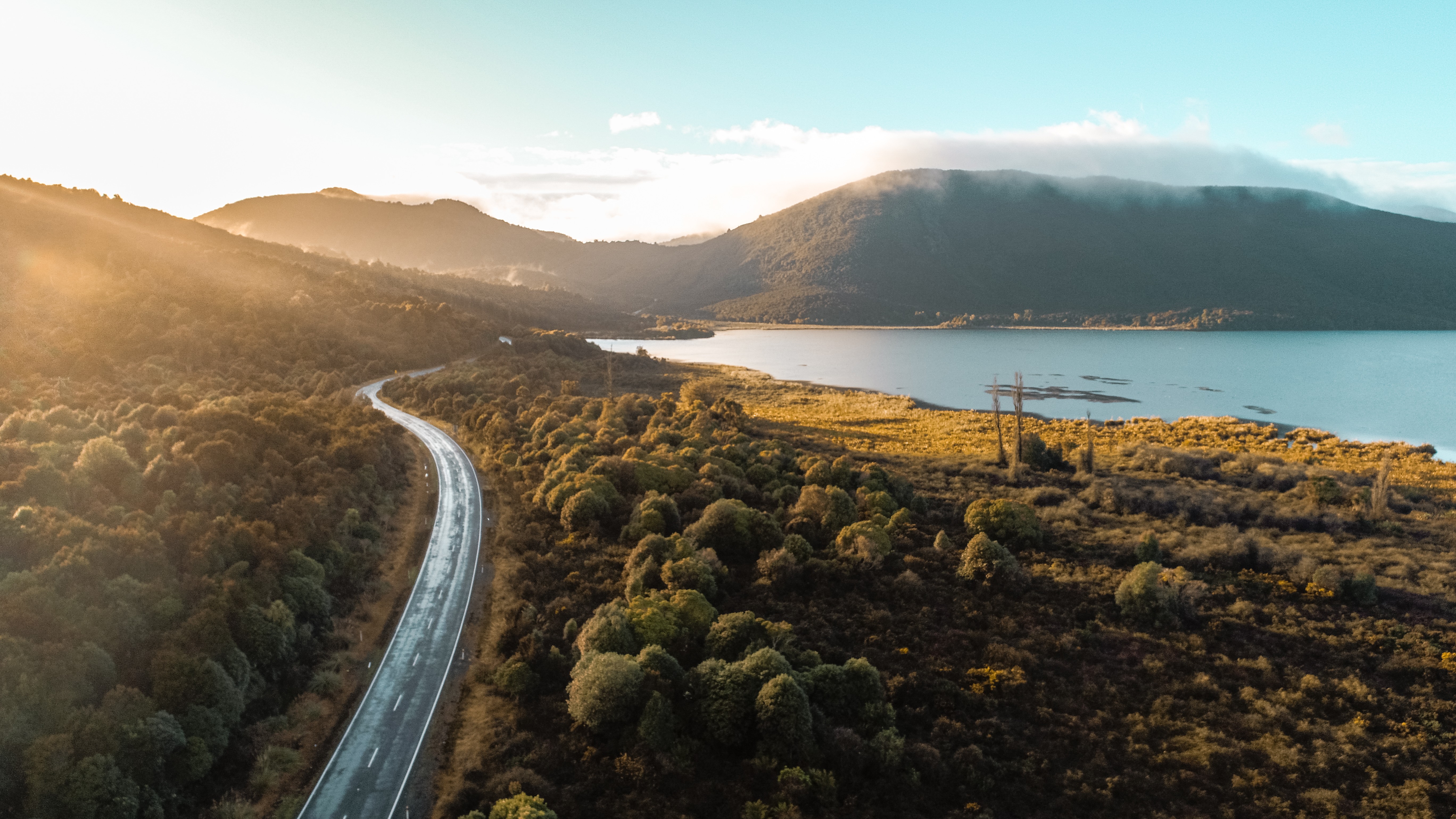 Curved road running through forested landscape beside a large lake with mountains in the background under a clear sky.