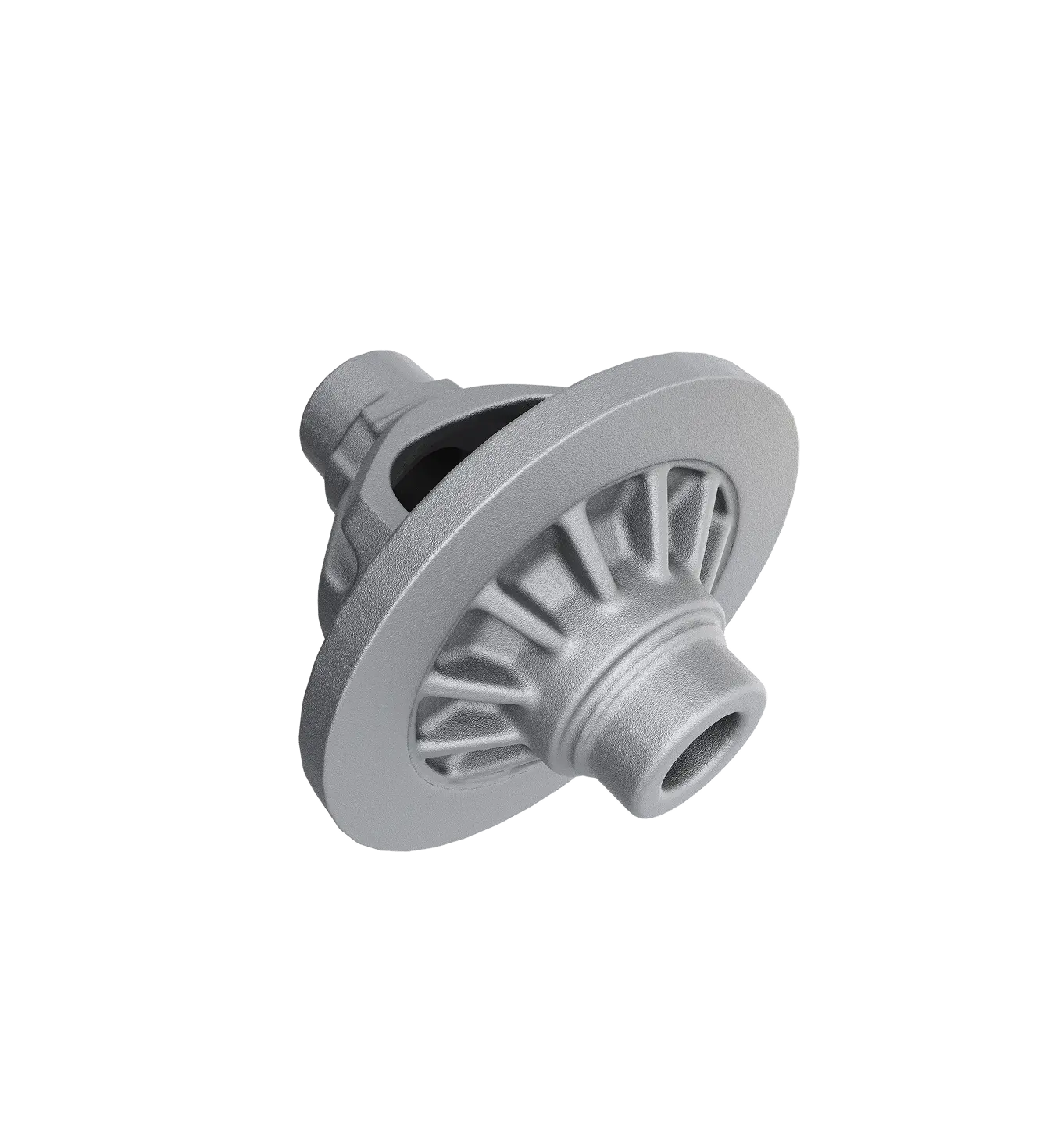 Metal mechanical component with a circular flange and radial ribs.