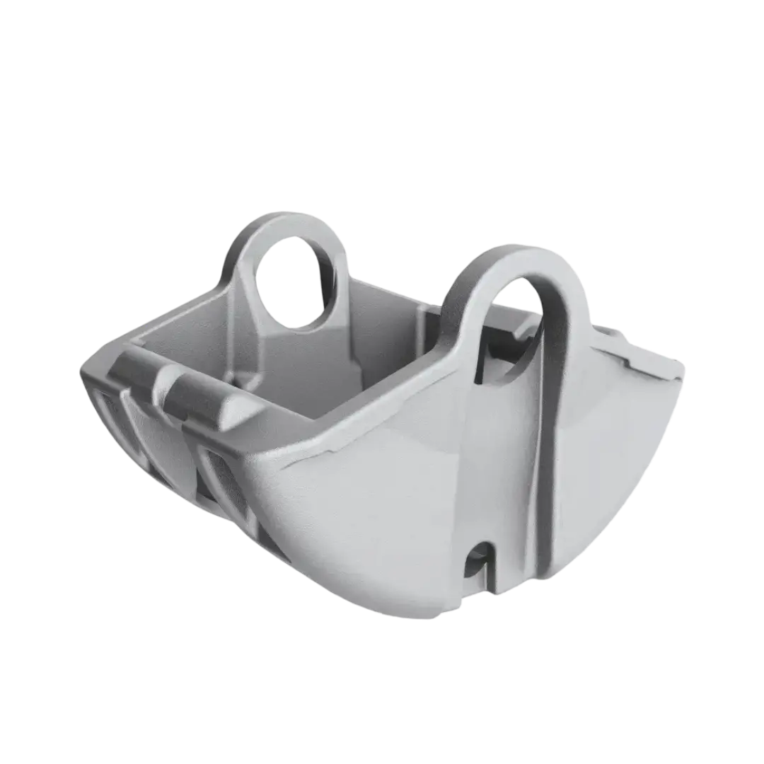 Gray metal excavator bucket attachment with two mounting holes on a white background.