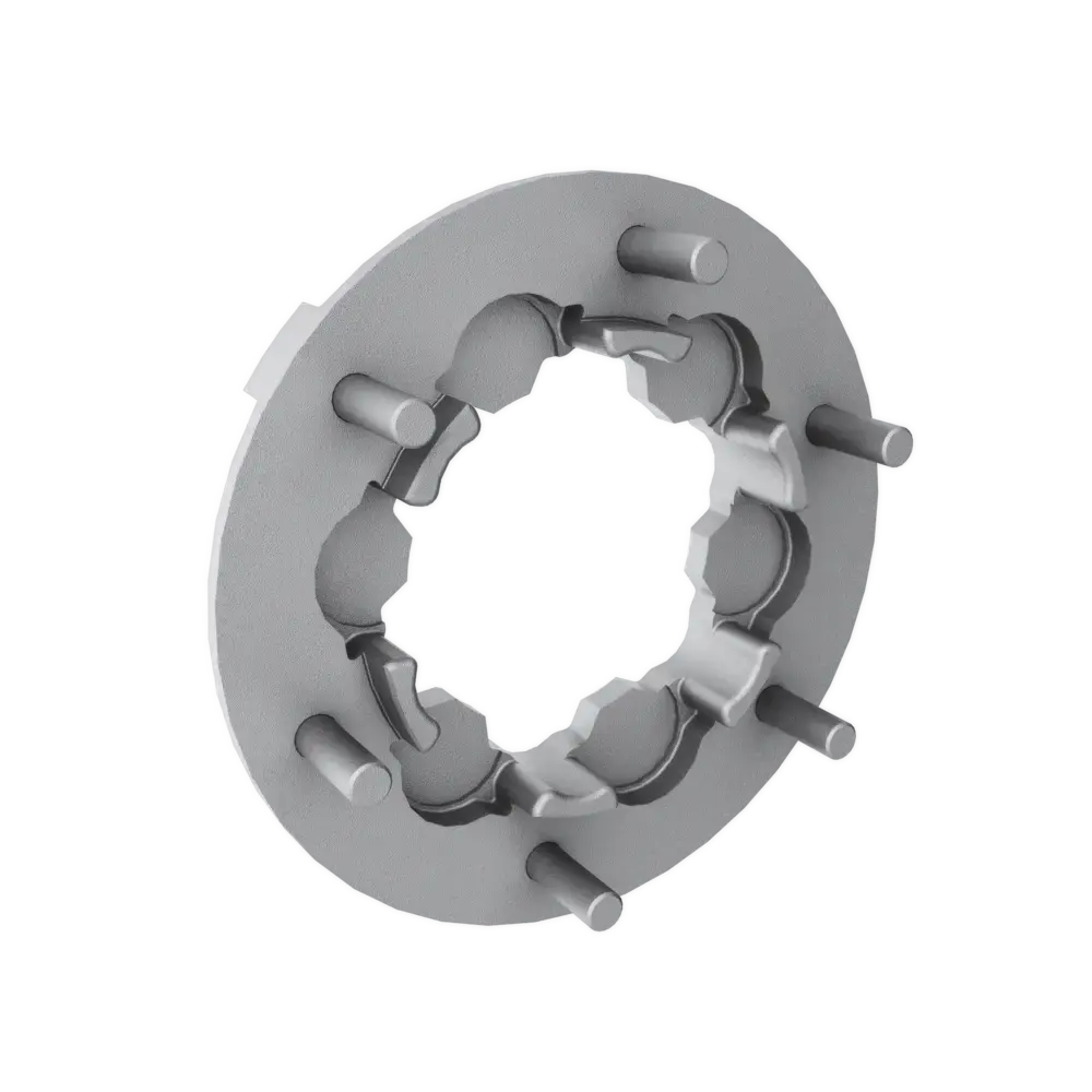 Metal mechanical coupling part with evenly spaced pins and a scalloped inner ring.