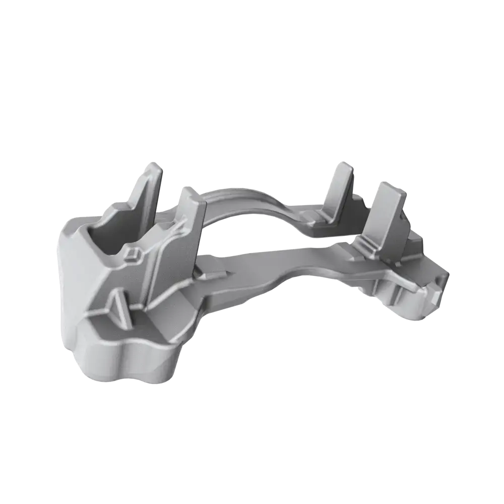 Gray metallic brake carrier component with multiple protrusions and mounting points.