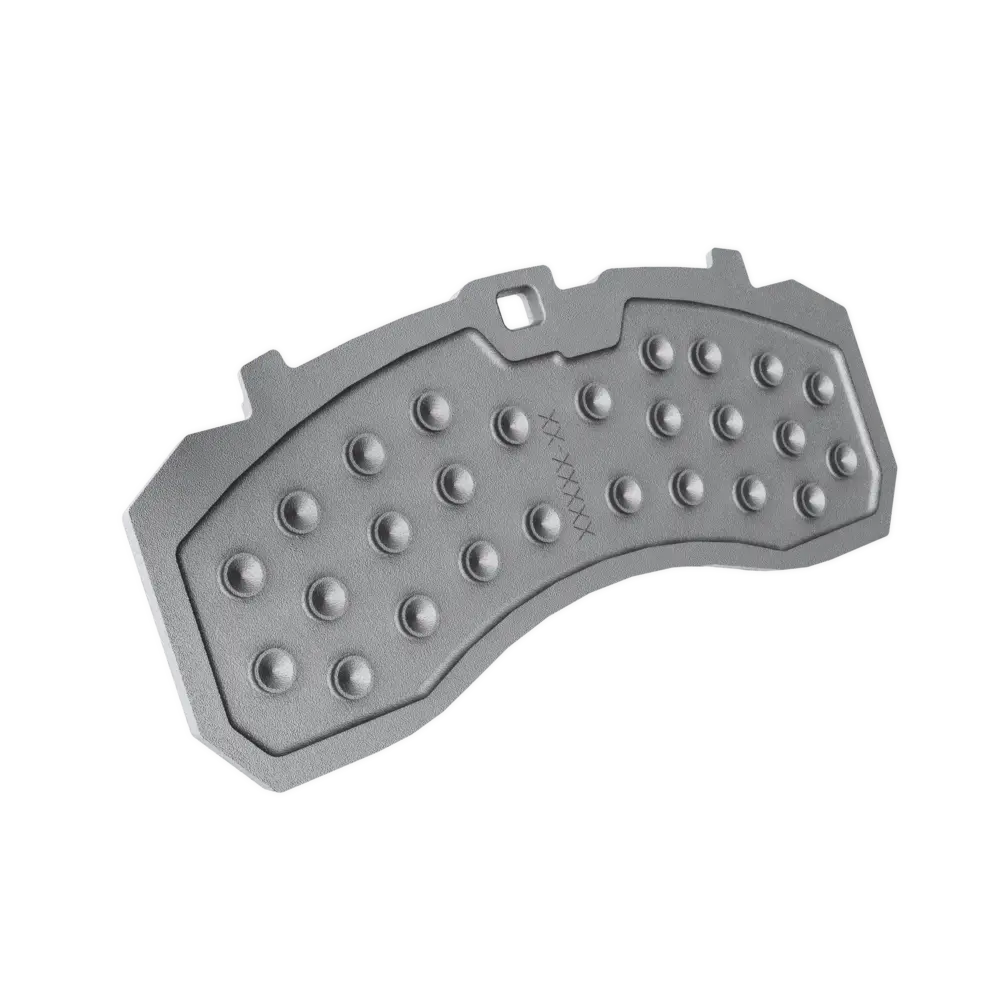 Curved metallic brake pad with multiple raised circular bumps on its surface.
