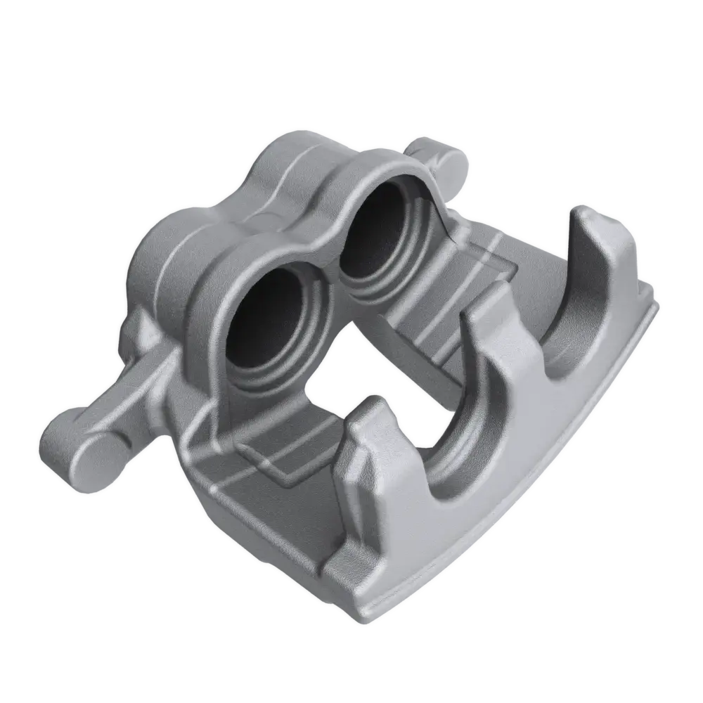 Gray metallic automotive brake caliper component with two circular piston cavities.