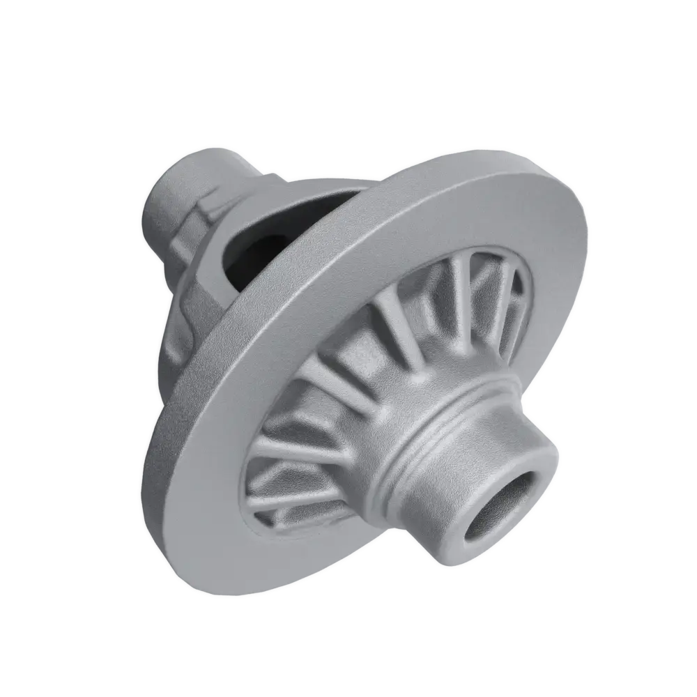 Gray metal mechanical part with radial spokes and a central cylindrical opening.