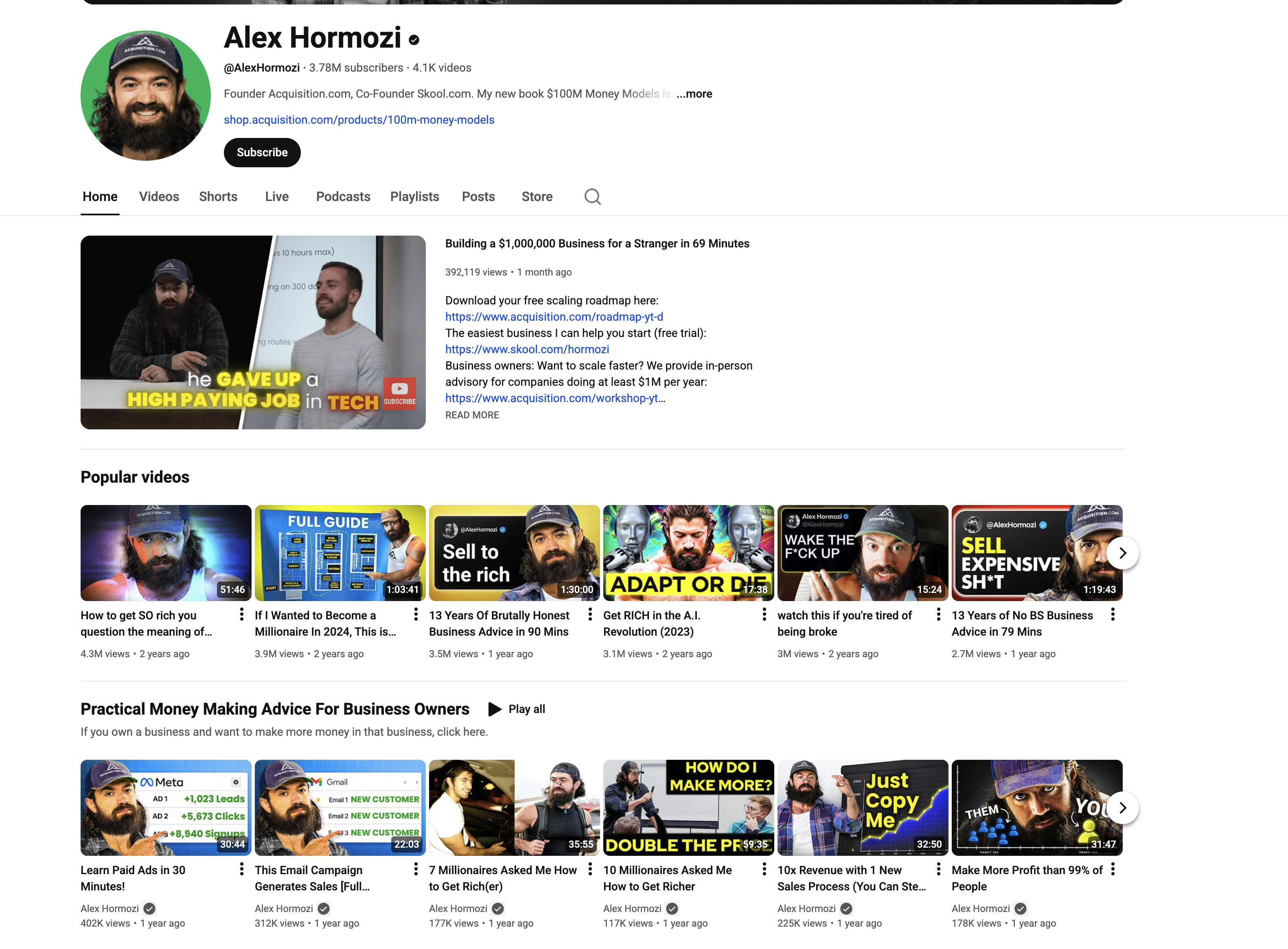 YouTube channel page for Alex Hormozi showing his profile picture, subscriber count, and video thumbnails with business and money-making advice.