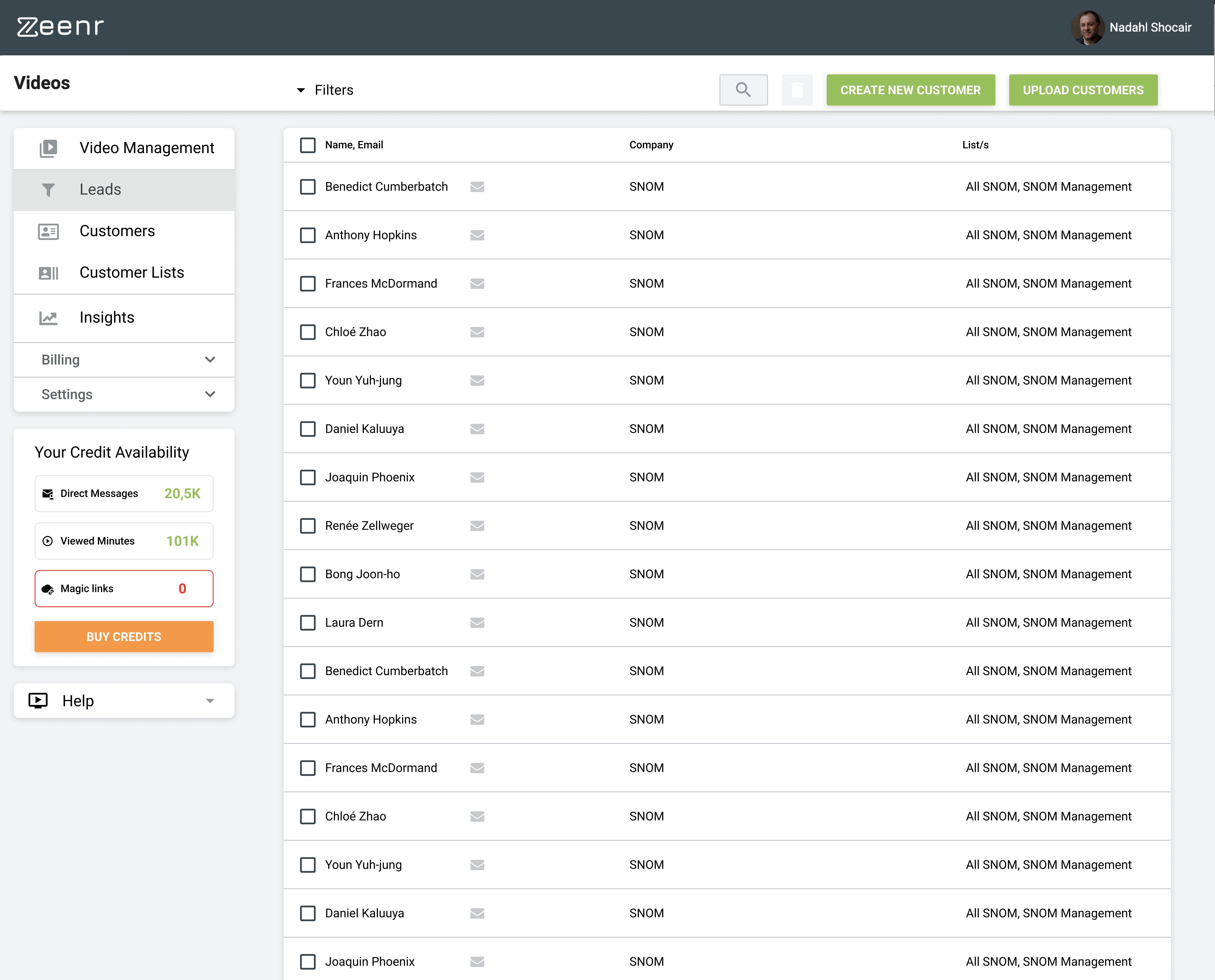 Zeenr dashboard showing a Leads video management list with names, emails, companies, and lists; side menu includes Video Management, Leads, Customers, Customer Lists, Insights, Billing, and Settings; credit availability and help panel on the left.