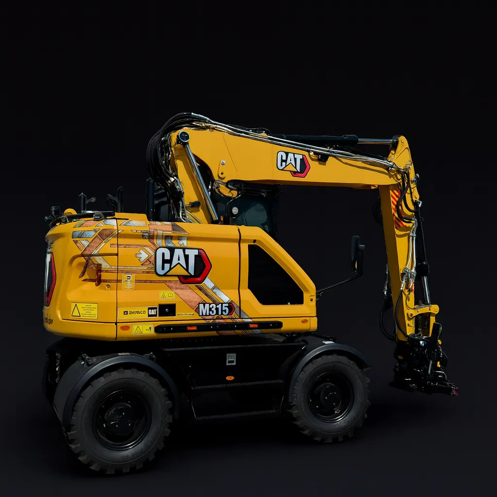 Keltainen CAT M315 -kaivinkone mustalla taustalla.