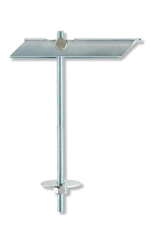 Metall-Kippdübel mit Schraube, Mutter und Unterlegscheibe vor weißem Hintergrund.