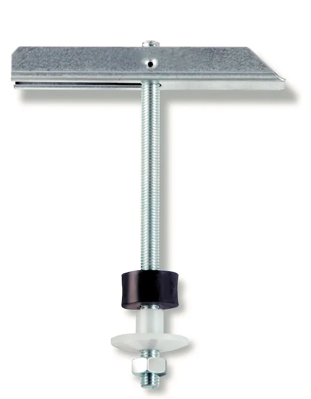 Metall-Kippdübel mit Schraube, Kunststoff-Unterlegscheibe und Mutter auf weißem Hintergrund.