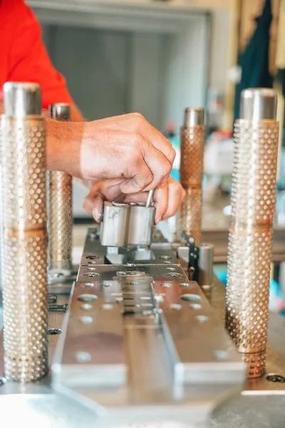 Hände montieren Bauteil auf einer Metallwerkzeugplatte in einer Werkstatt.