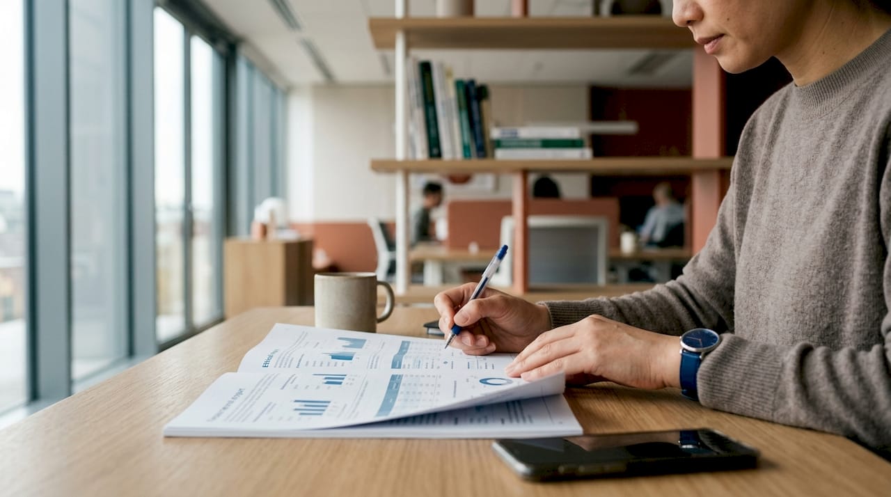 Des mains en train de prendre des notes sur un rapport financier, sous le regard attentif du responsable.
