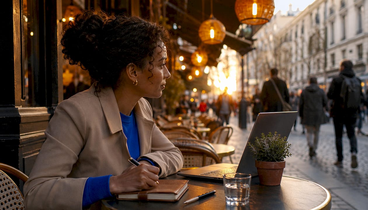 Une femme assise dans un café, concentrée sur ses analyses de trading, prend des notes dans son carnet.