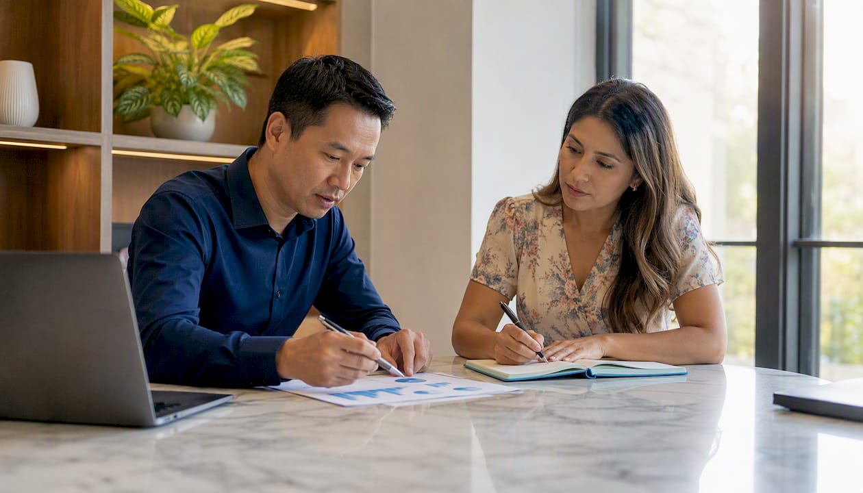 Un conseiller financier échange avec son client pour étudier différentes solutions de rémunération.