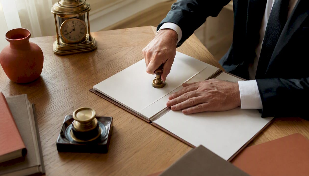 Apposition du sceau du notaire sur un document officiel
