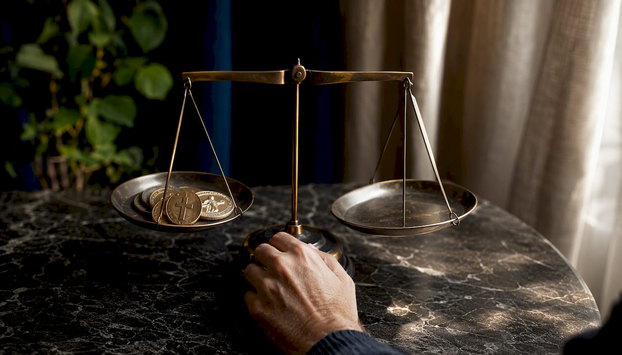 Balance tenue à la main avec des pièces de monnaie chrétiennes