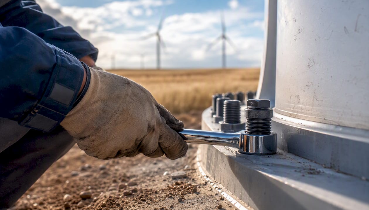 Vissage manuel d’un boulon à la base d’une éolienne