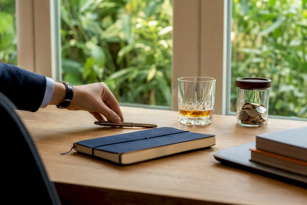Main d'investisseur posant un stylo près d'un carnet et d'une calculatrice