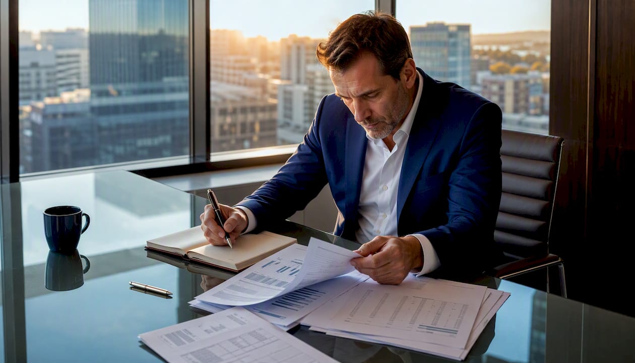Un dirigeant passe en revue les documents relatifs à la rémunération dans son bureau.