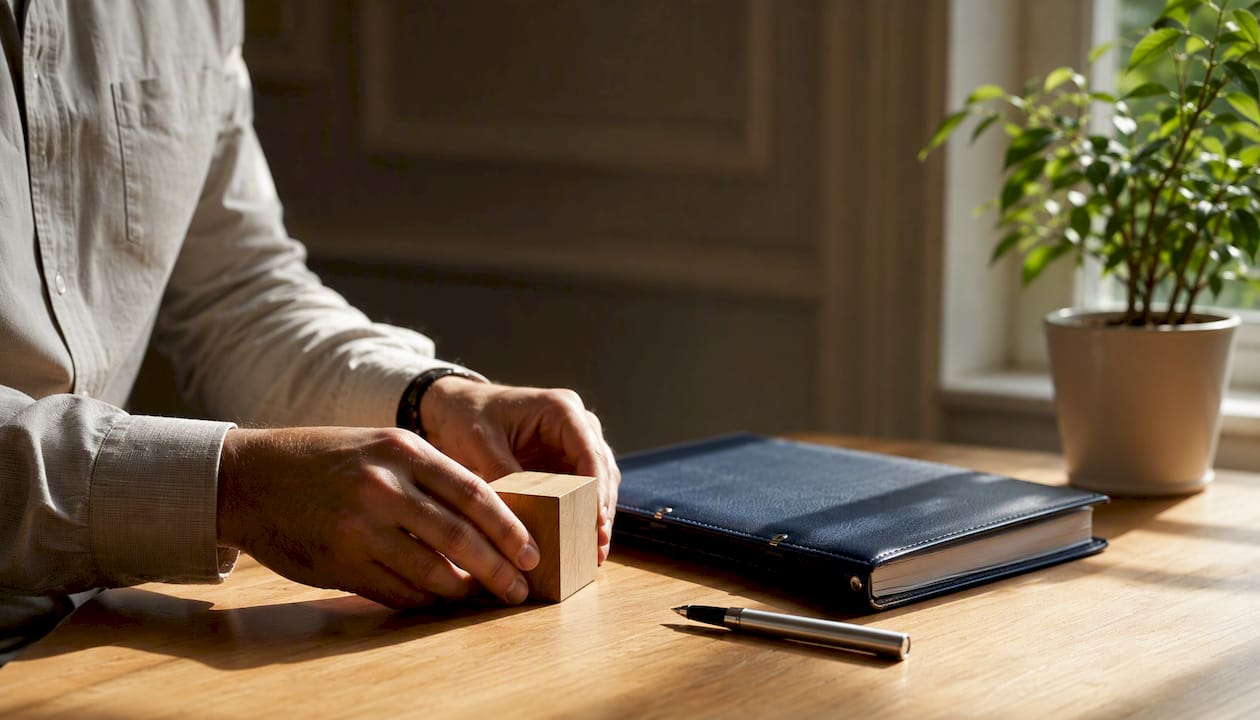 Des mains qui trient des documents liés à l’investissement responsable, entourées d’objets symbolisant l’engagement éthique.
