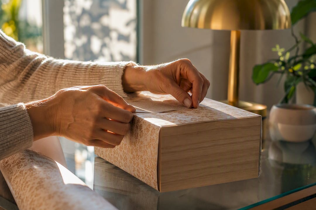 Des mains en train d’emballer soigneusement un coffret cadeau