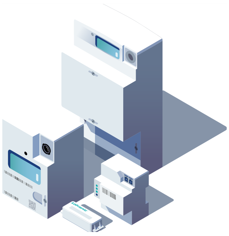 Mehrere elektronische Zählergeräte und eine kleine weiße Box mit der Aufschrift Loxmatic, Schattenwurf sichtbar.