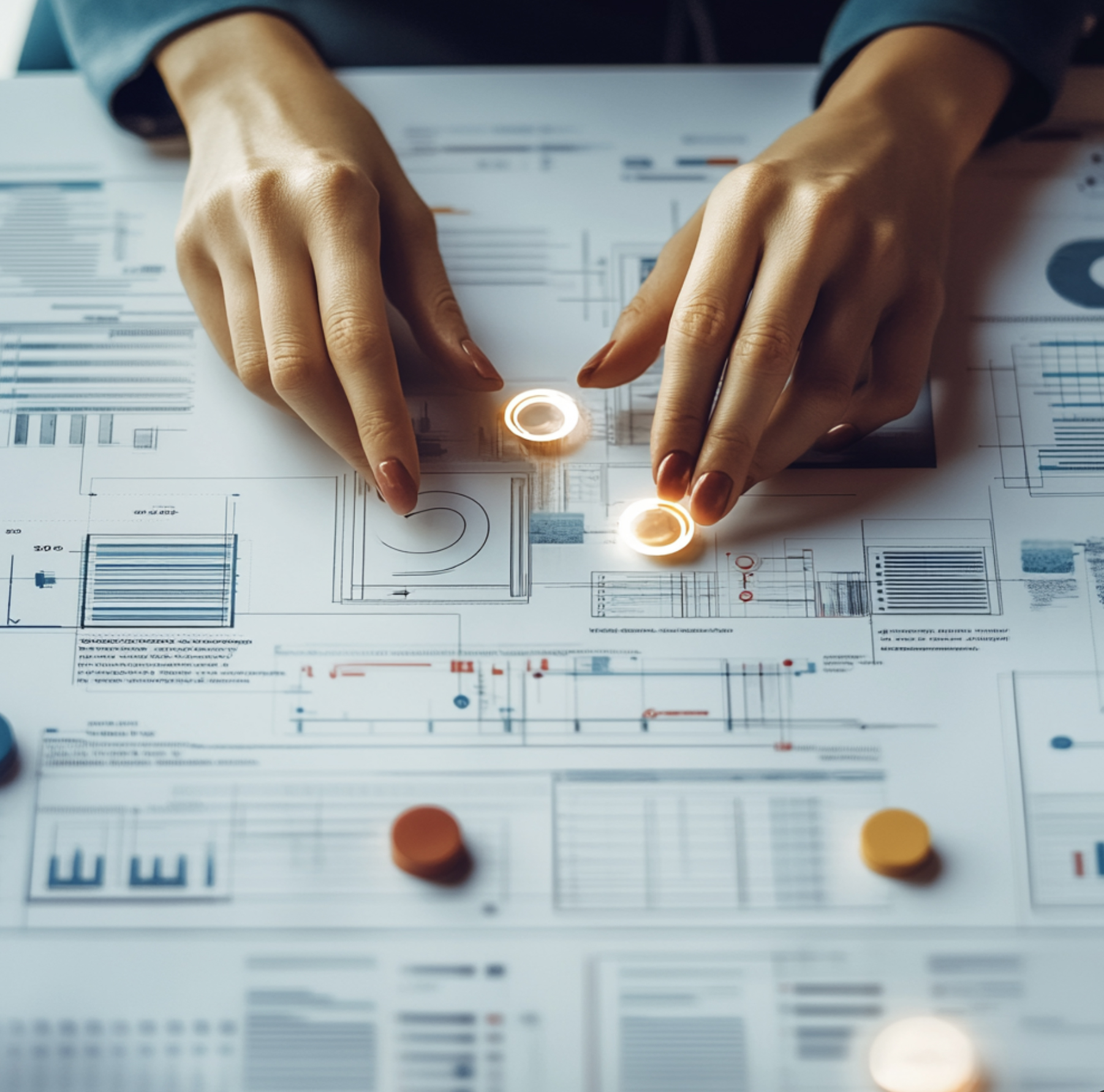2 hands on a process map with highlights moving something