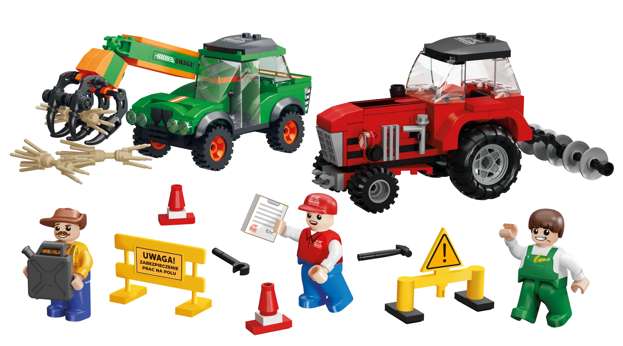 Zestaw klocków Blocki dla Generali: czerwony traktor, zielona maszyna z chwytakiem, figurki i akcesoria bezpieczeństwa