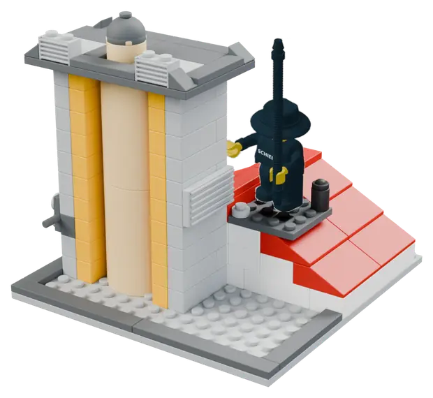 Mini: A house in cross-section with the chimney from boiler to ridge