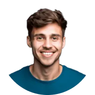 Portrait d'un homme jeune avec des cheveux bruns et un t-shirt bleu, souriant.