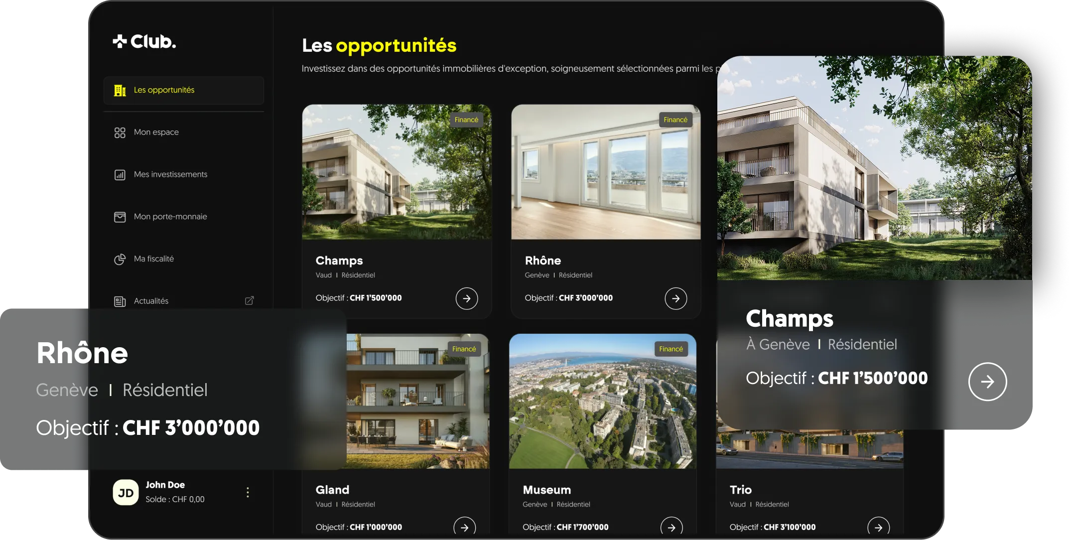 Montage photo d'un écran de plateforme d'investissement participatif, en dessous d'une carte projet et d'un objectif de collecte.