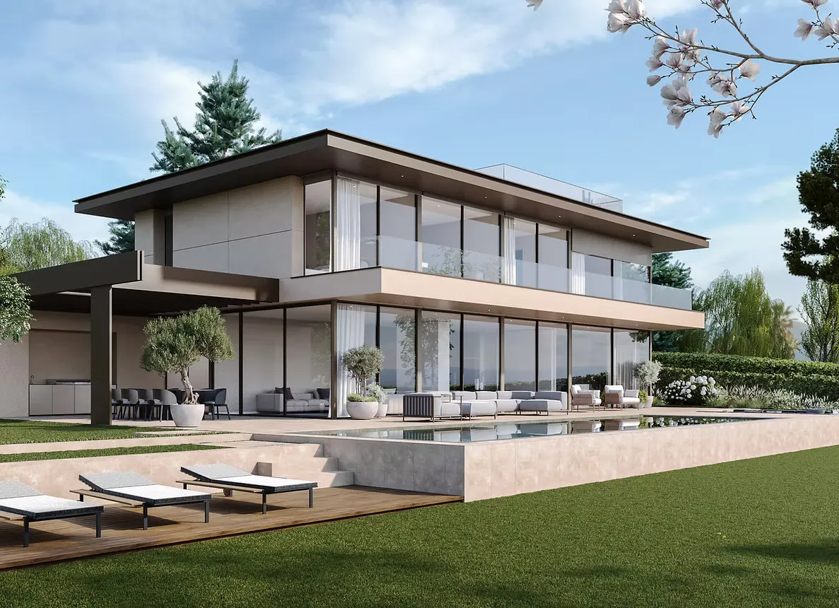 Image d'une maison moderne à deux étages, avec une piscine et un jardin.