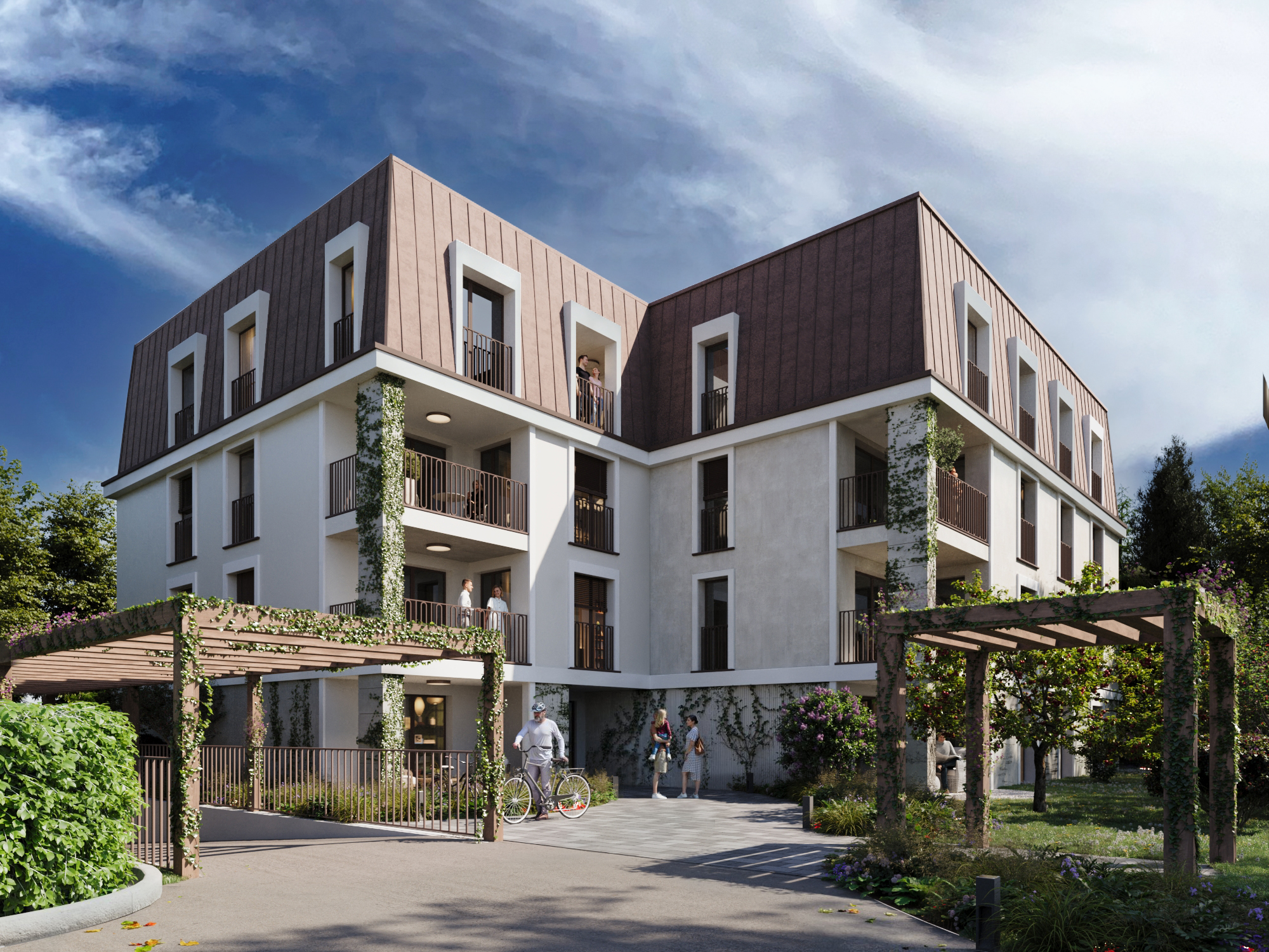 Immeuble résidentiel avec un design moderne et des éléments végétaux, featuring des balcons et un jardin d'entrée avec une pergola.