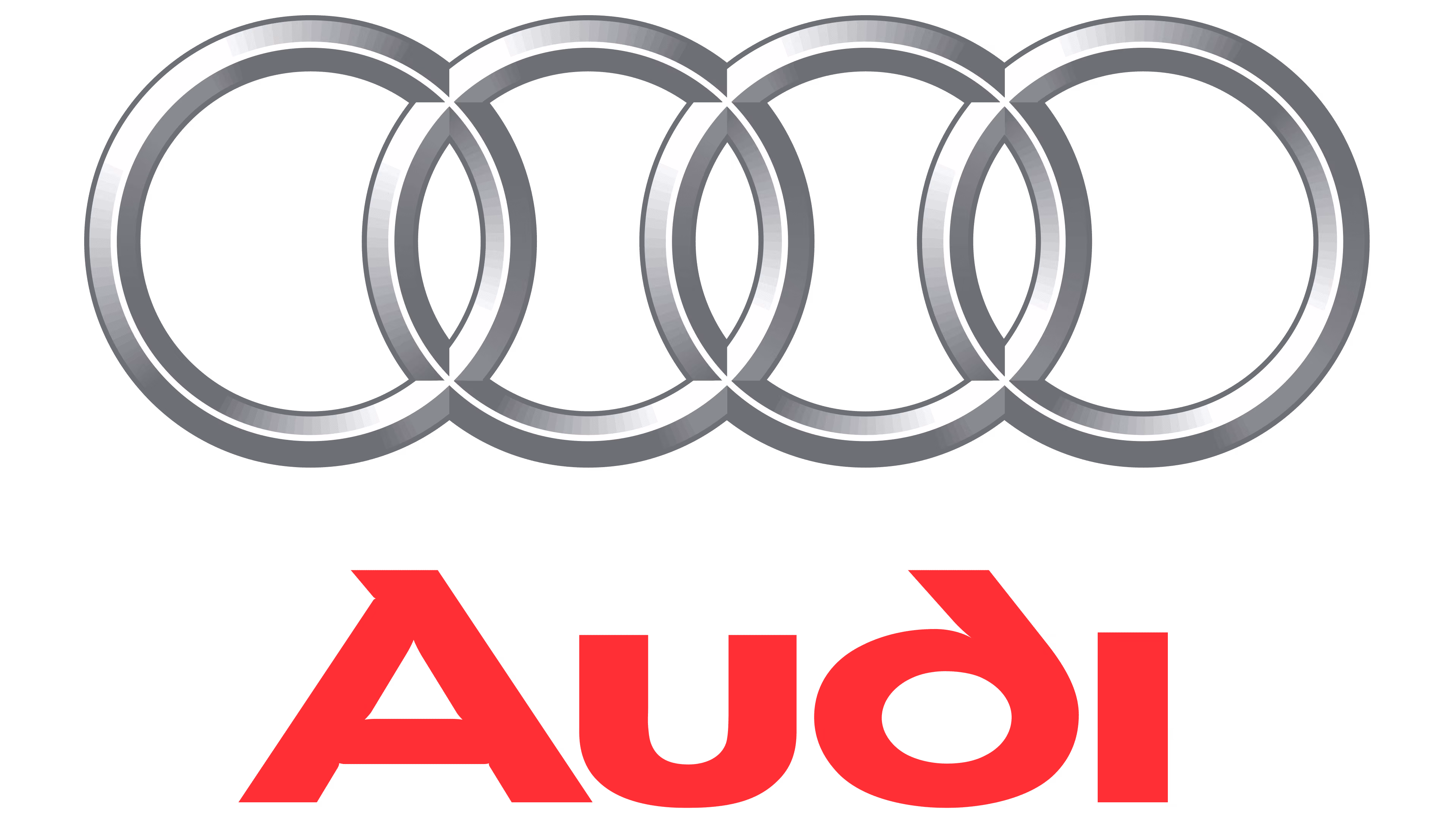 Audi márkajelzés négy összekapcsolt ezüst gyűrűvel és alatta piros Audi felirat.