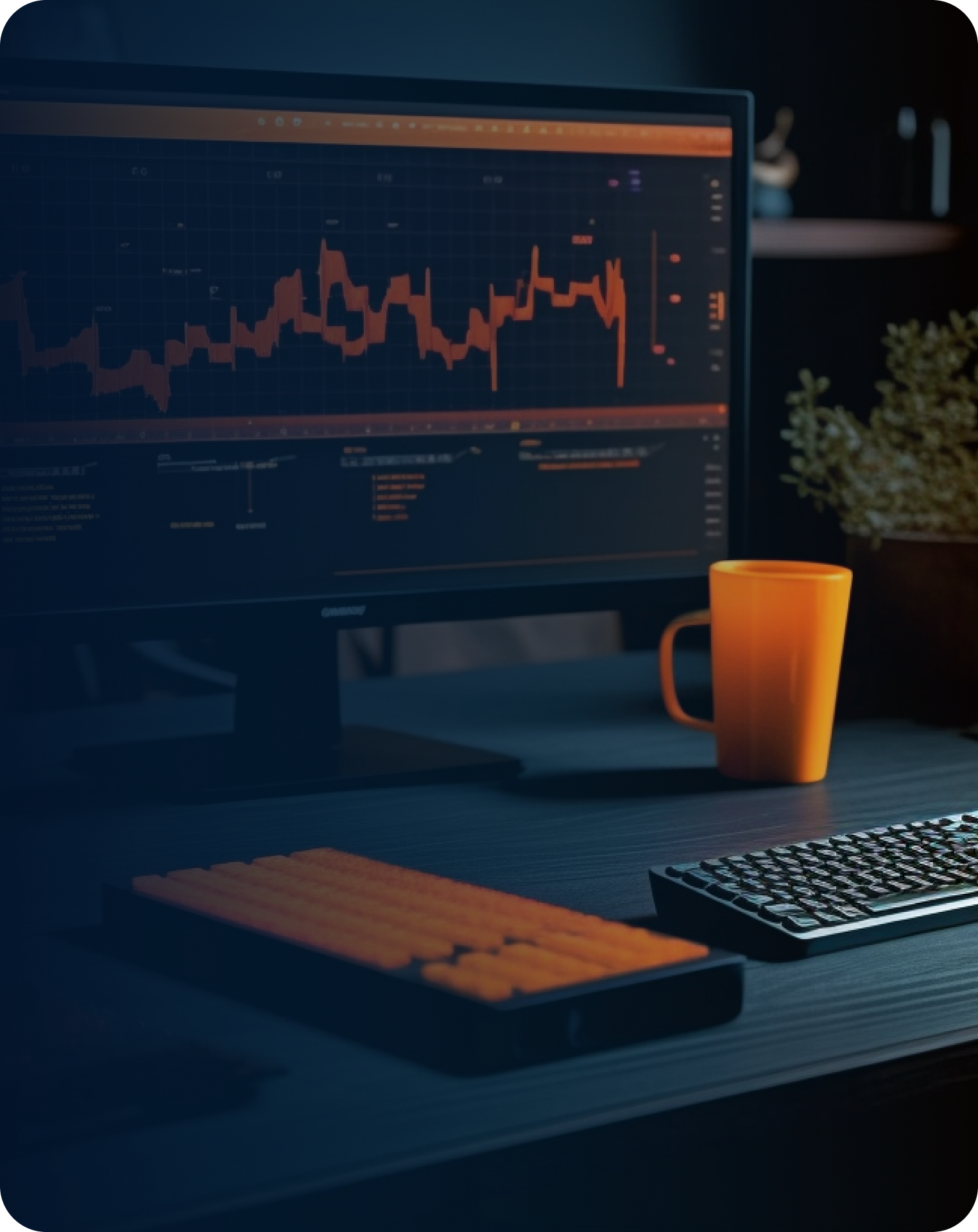 Irodai asztal monitorral, billentyűzetekkel narancs árnyalatokkal