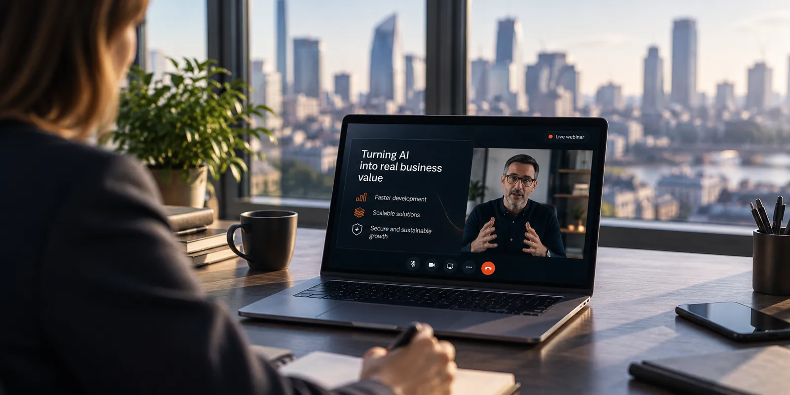 DE Webinar #1: élő online webinár laptopon, városra néző irodában