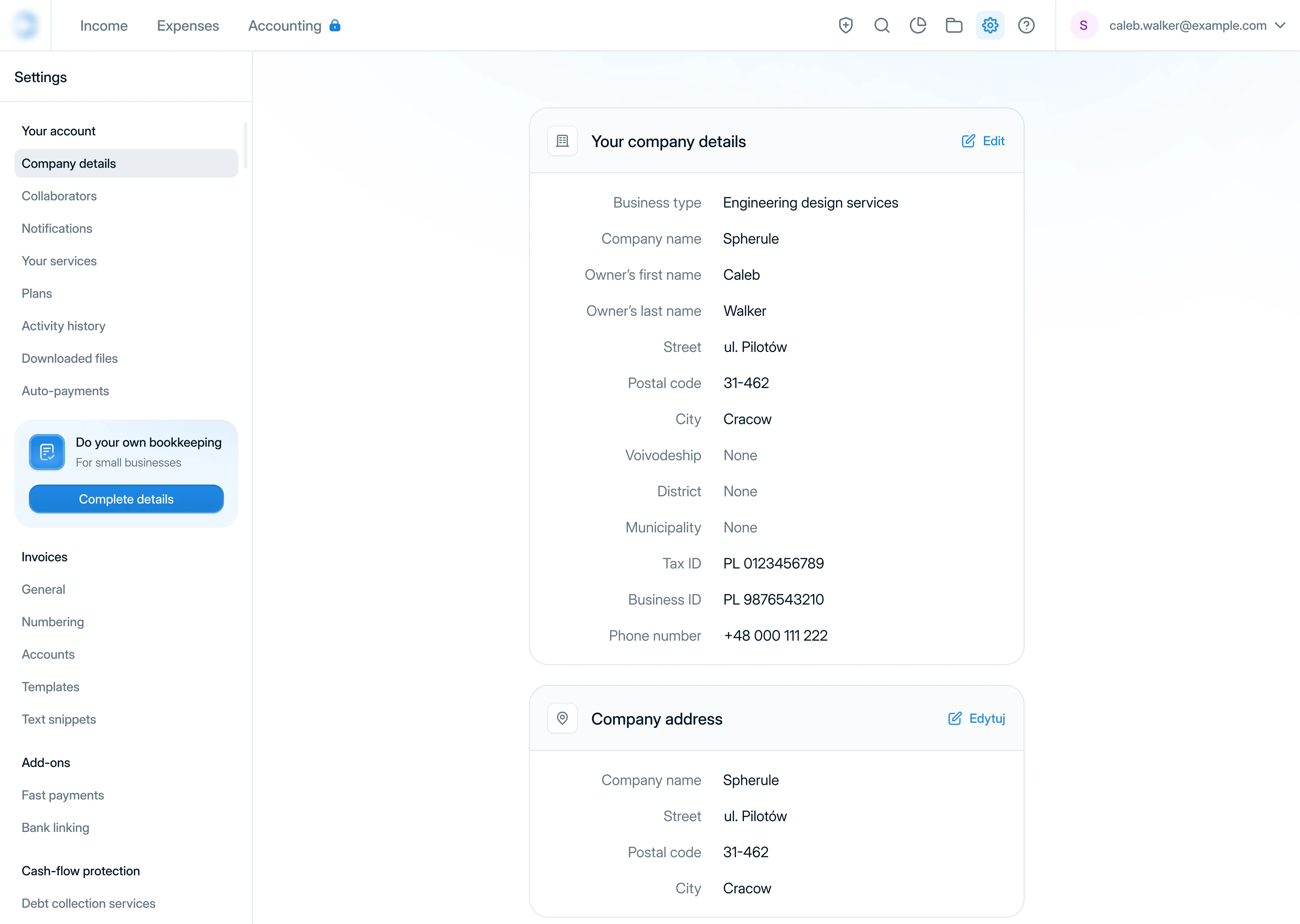 An invoicing platform that organizes company details and billing in one streamlined settings hub.