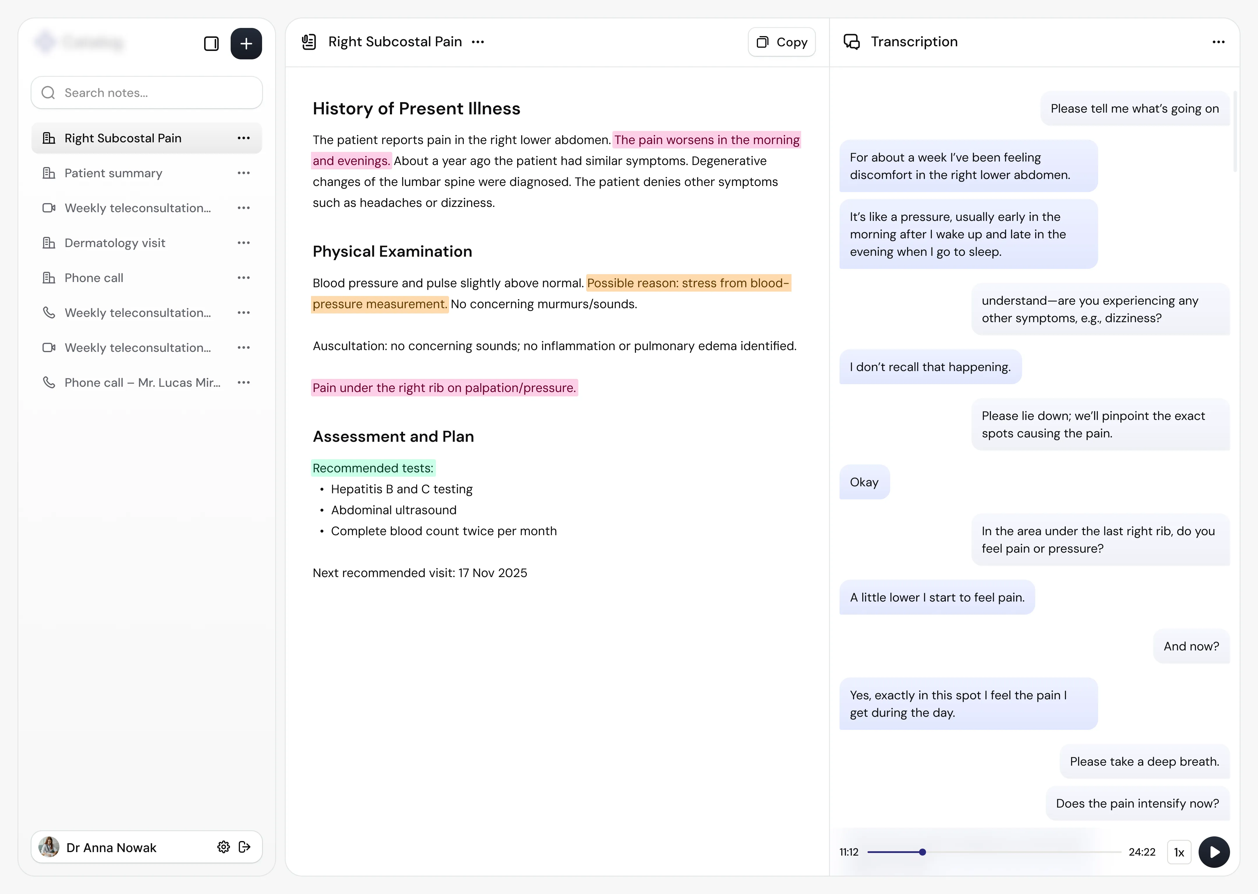 Product design for a web app that turns patient and doctor speech into structured notes and full visit transcripts.