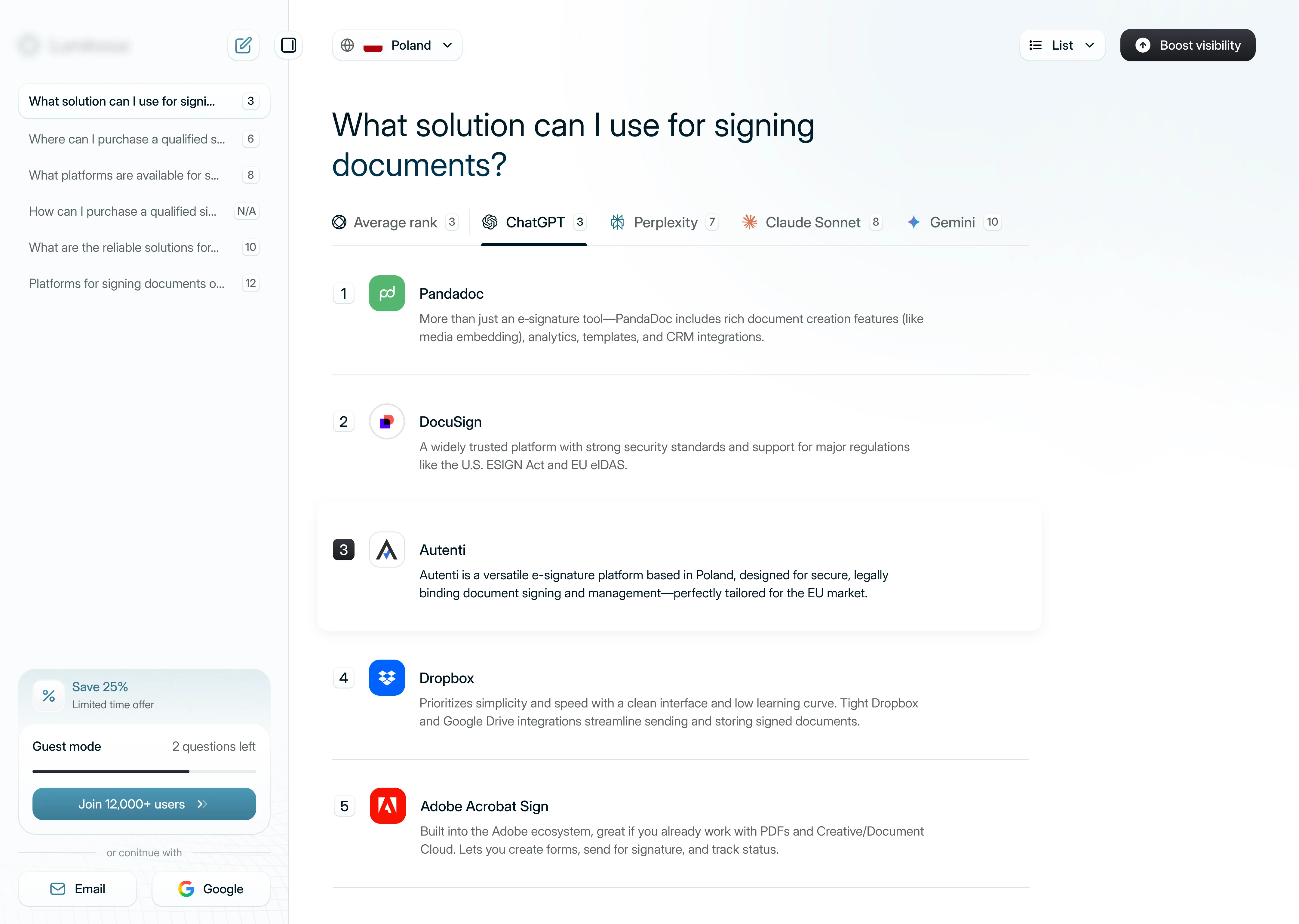 A unified view of brand positioning across top AI tools with instant answers to the questions your customers ask.