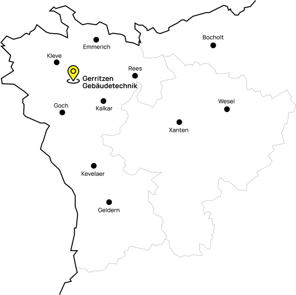 Landkarte Kreis Kleve und Wesel mit Standort Gerritzen Gebäudetechnik