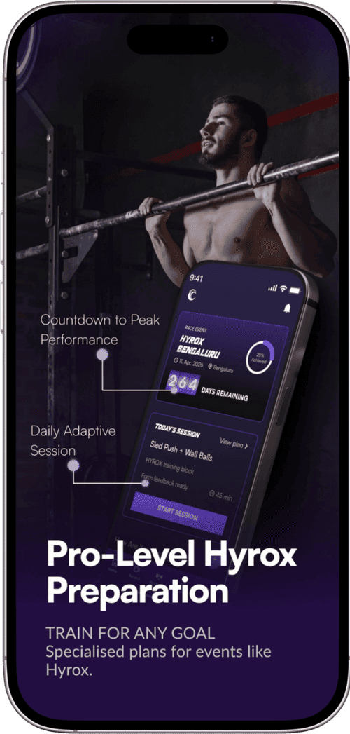 App: Man lifting barbell, Hyrox program.
