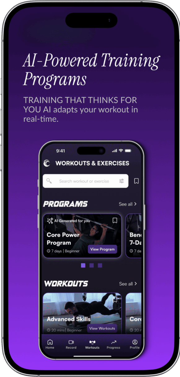App: AI workout programs menu.