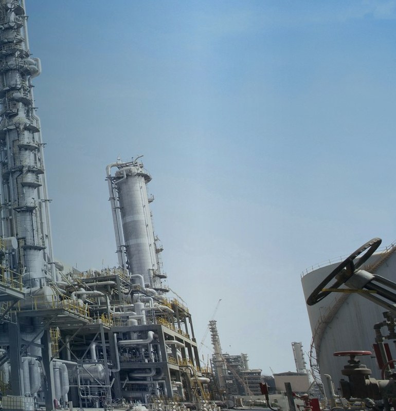 Oil refinery, the source of most of the carbon used in chemicals