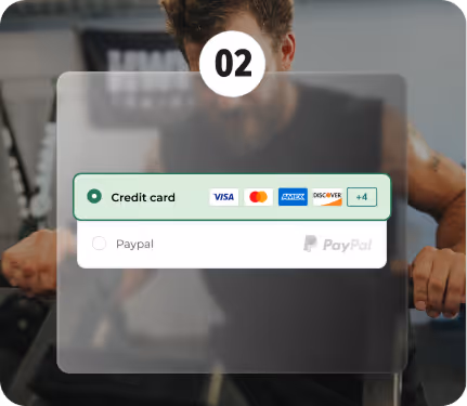 Step 2 payment method selection with a man exercising in the background.