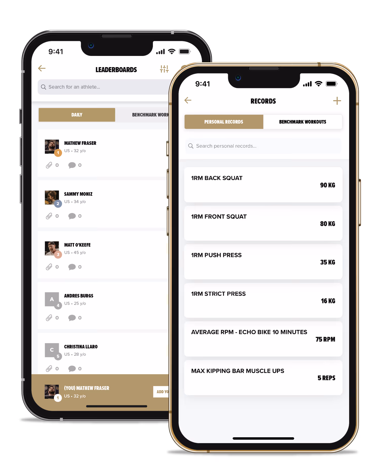 Two overlapping phone screens showing HWPO leaderboards and personal records.