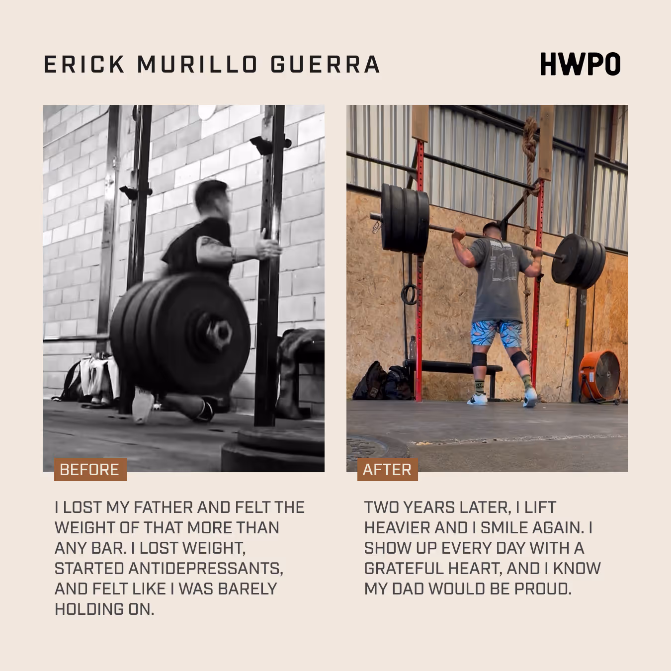 Before and after of Erick Murillo Guerra lifting weights, transforming from struggling to lifting weights confidently.