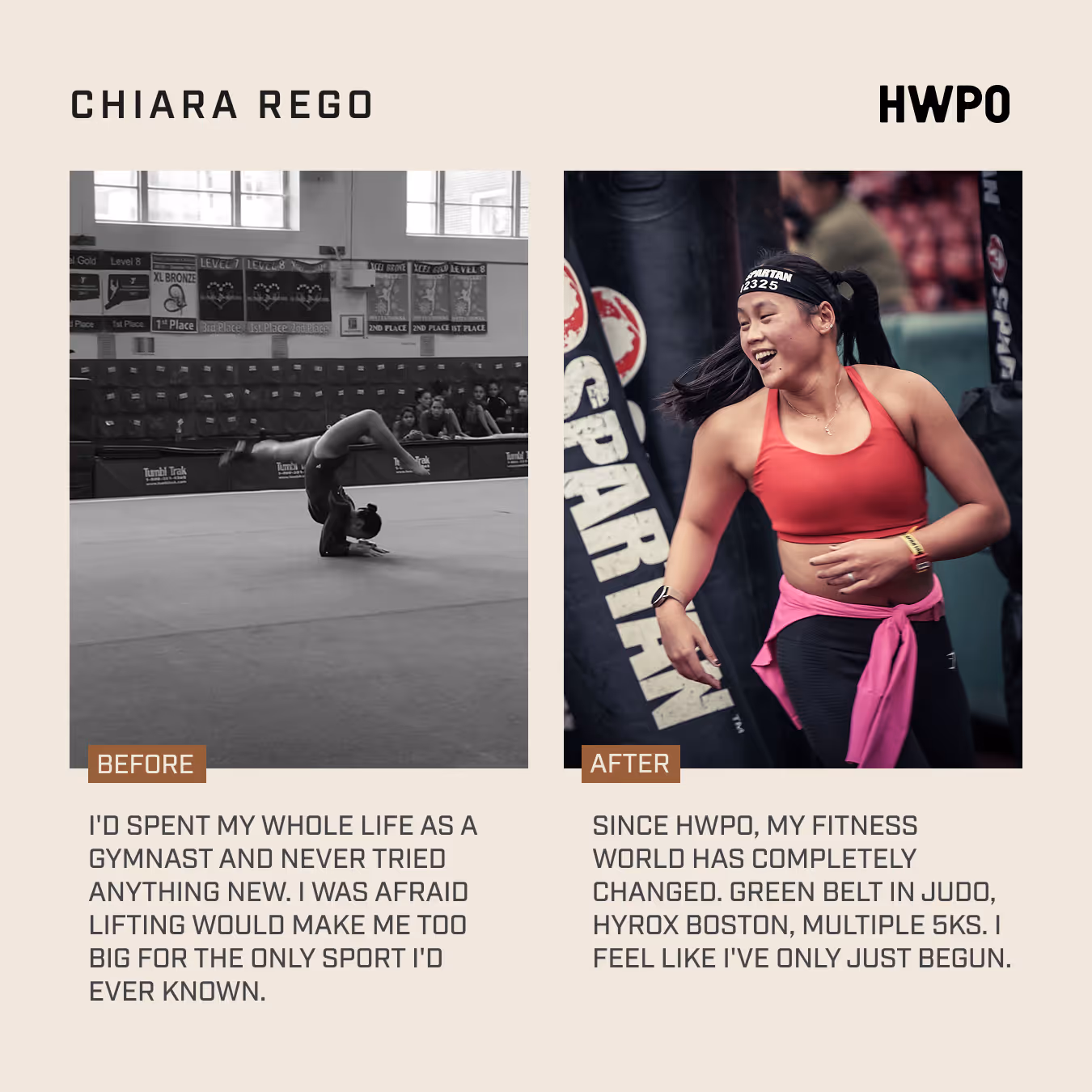 Before photo of Chiara Rego performing a headstand; after photo of her fitness transformation with HWPO.